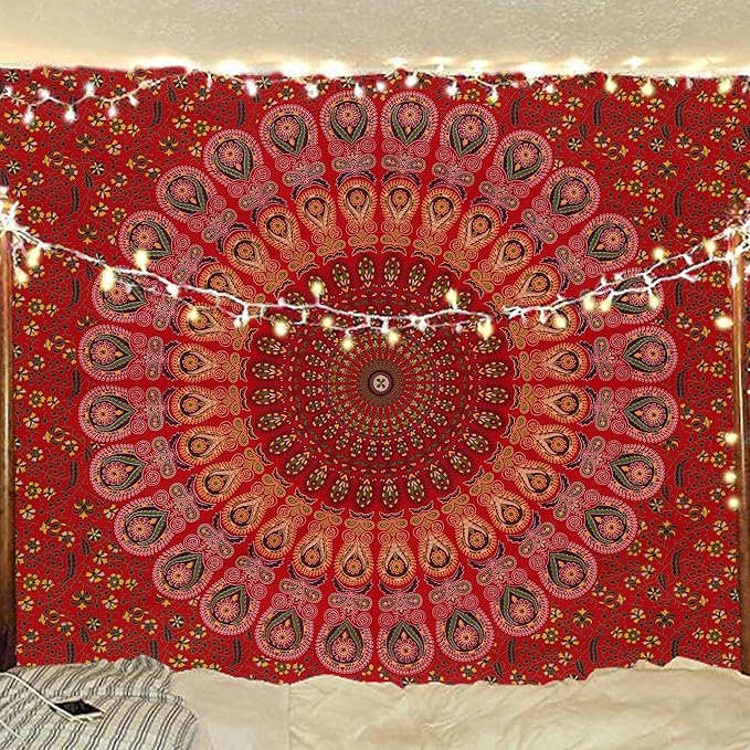 bless international handmade indian hippie bohemian psychedelic peacock mandala wall hanging college dorm beach throws table cloth bedding tapestry (golden red, twin(54x72inches)(140x185cms))