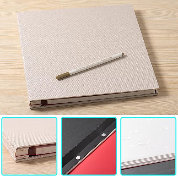 Large Photo Album Self Adhesive 4x6 8x10 10x12 13"x12.8" Magnetic Scrapbook 12.6"x11" Inch 40 Pages Linen Cover Beige DIY Photo Album with A Metallic Pen and Plastic Board