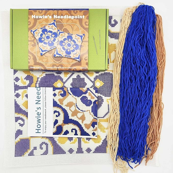 Howie's Needlepoint Needlepoint Kits for Adults, Pillow Front Cross Stitch Kit with Embroidery Pattern on Canvas, Yarn, 2 Needles and Instruction, 16 x 16inch(Vintage Pattern)
