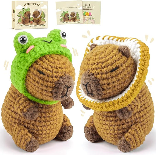 Capybara Crochet Kit for Beginners, 2PCS Capybara with Frog and Bread Hats Crochet Animal Kit with Step-by-Step Video Tutorials, Starters Crocheting Kits for Adult, Animals Knitting Kit for Birthday