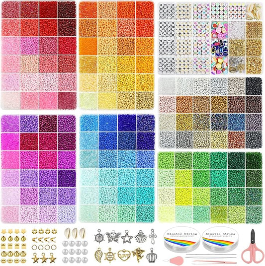 Redtwo 3mm 44500pcs Glass Seed Beads Kit, 7 Boxes 144 Colors Small Beads for Bracelets, Friendship Bracelet Kit with Charms and Letters