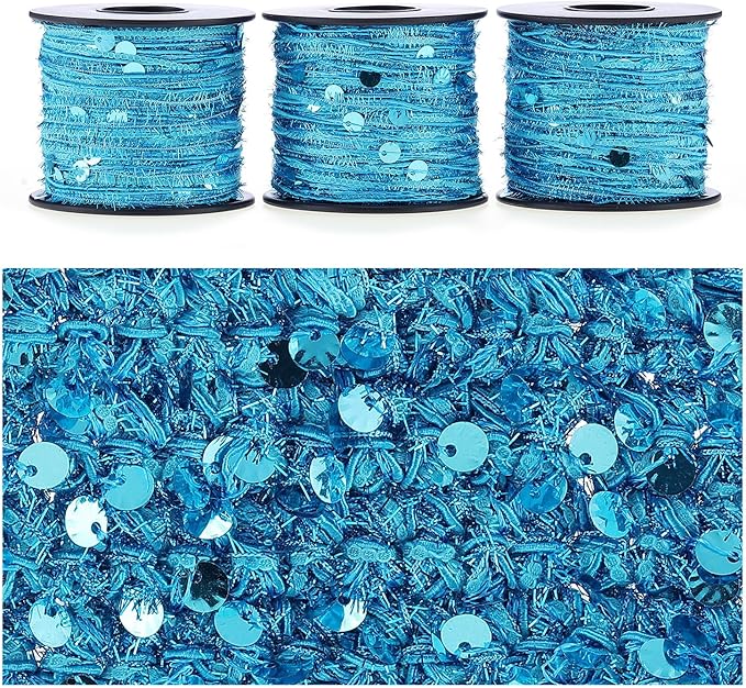 Artisanal Yarn Collection Multifiber Fancy Yarn for Knitting Crocheting Crafts DIY, Set of 3 Rolls (Sky Blue Shell Sequins)