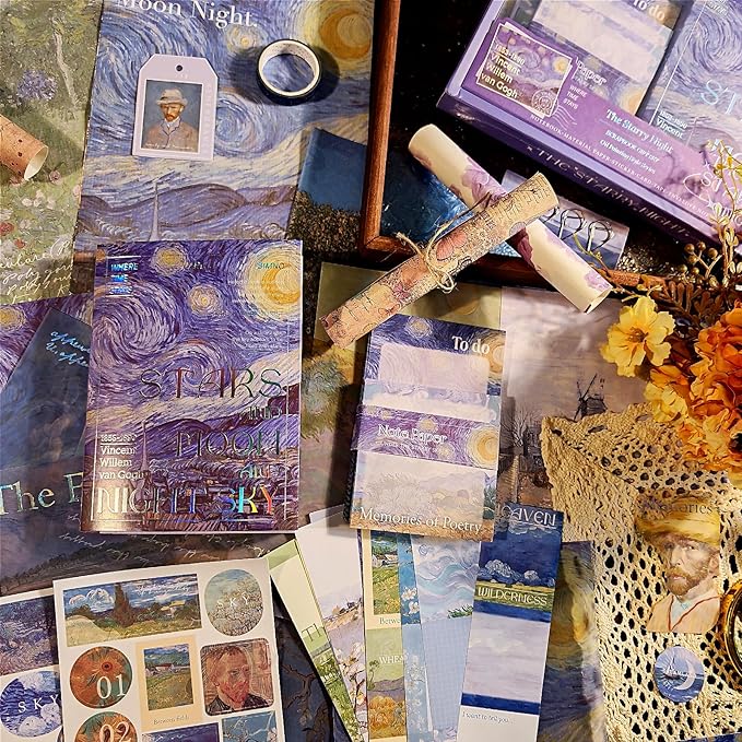 LCLAIDYDY Scrapbooking Supplies Kit,Vintage Van Gogh Oil Painting Aesthetic Scrapbook Kit,Bullet Junk Journal,A6 Grid Notebook,Journaling DIY Craft Gift for Teen Girl Women