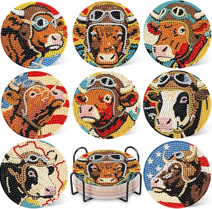 8 Pcs Pilot Diamond Art Coaster Kits with Holder,Diamond Painting Coasters for Adults Beginners,Home Decor Abstract,Fun Gifts for Women