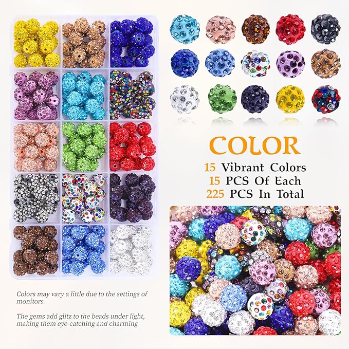 225pcs 10mm Rhinestone Beads for Jewelry Making, 15 Colors Clay Disco Round Ball Sparkly Crystal Diamond Bulk Bead for Bracelets Baseball Necklace Earring Crafting Christmas DIY Decoration