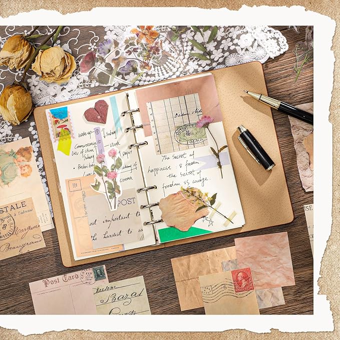 Prudiut 445 Pcs Vintage Scrapbook Paper, Journaling Supplies Kit, Delicate Decorative Paper with Floral Stickers & Multi-Size Scrapbook Paper for Junk Journal, DIY Collage Art, Vintage Crafts