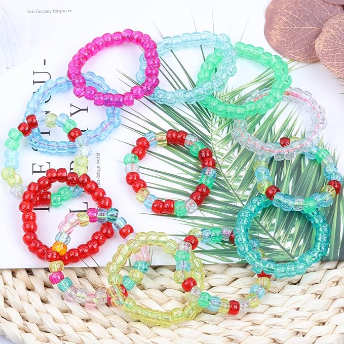 Glitter Pony Beads - 1000 Pcs Clear Plastic Beads for Friendship Bracelets - Assorted 10 Colors - 6x9mm