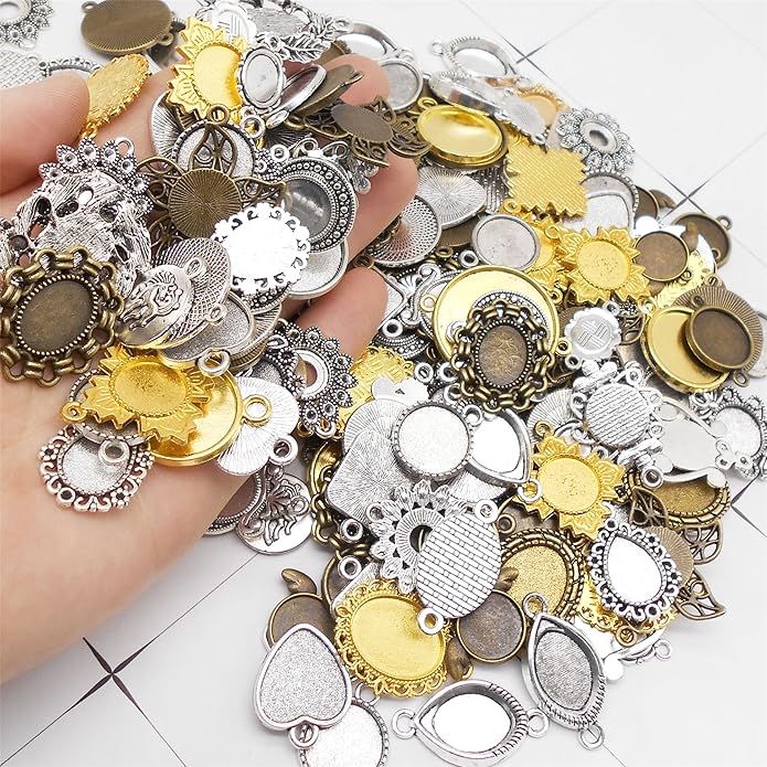 Assorted 60 Pieces Mini Size Blank Bezel Pendant Trays Antique Bronze Silver Golden 0.4-1.6 inches Alloy Cameo Setting for DIY Jewelry Making