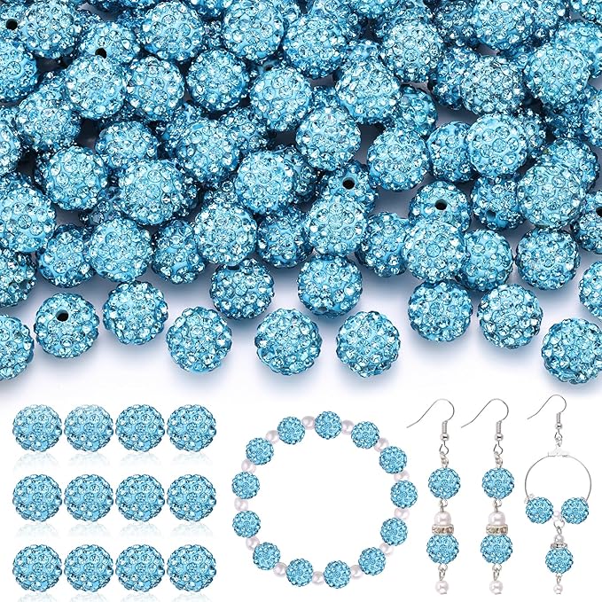 200 pcs aquamarine rhinestone beads for jewelry making, sparkle crystal clay christmas for bracelet baseball necklace earring crafting and diy, shiny round shamballa disco ball beads bulk