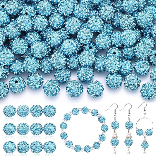 200 pcs aquamarine rhinestone beads for jewelry making, sparkle crystal clay christmas for bracelet baseball necklace earring crafting and diy, shiny round shamballa disco ball beads bulk