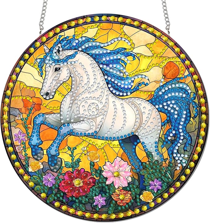 Reofrey Hanging Diamond Art Kits for Adults - 8x8 Inch Horse Acrylic Board Double Sided Pattern Diamond Painting Suncatcher Pendant, DIY Crystal Art for Home Wall or Window Decoration Handmade Gift