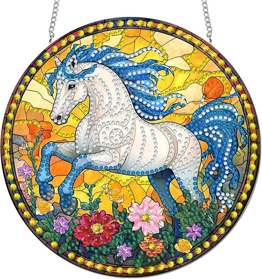 Reofrey Hanging Diamond Art Kits for Adults - 8x8 Inch Horse Acrylic Board Double Sided Pattern Diamond Painting Suncatcher Pendant, DIY Crystal Art for Home Wall or Window Decoration Handmade Gift