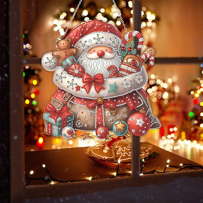 DIY Acrylic Diamond Art Painting Wreath Kits Special Shaped Rhinestone 5D Diamond Art Window Pendants Home Garden Wall Hanging Kits Hanging Ornament (Father Christmas)