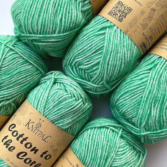 Cotton to The Core Cotton Yarn for Crocheting, 6-Pack (852 Yds / 300G), Free Patterns, Beginners Friendly - Soft Baby Yarn for Knitting - 3 DK Light Worsted Weight - Jade Green