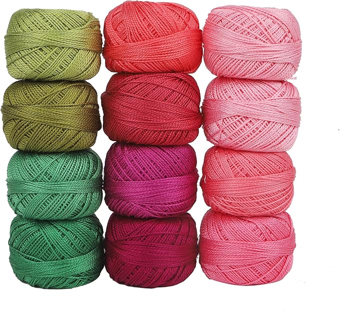 Size 8 Double Mercerized Egyptian Long Staple Cotton Pearl Thread 12 Gradient Colors per Box 5 Grams Ball Rainbow Color Embroidery Thread for Crochet Cross Stitch Hand Embroidery (12T)