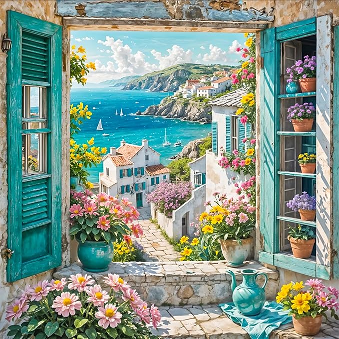 Paint by Numbers Kit for Adults Beginner Seaside Scenery, Adult Paint by Number Kits on Canvas, Window Landscape DIY Acrylic Oil Painting by Numbers for Adults, Perfect for Home Wall Decor 16X16 Inch