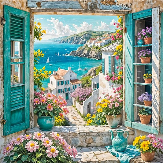 Paint by Numbers Kit for Adults Beginner Seaside Scenery, Adult Paint by Number Kits on Canvas, Window Landscape DIY Acrylic Oil Painting by Numbers for Adults, Perfect for Home Wall Decor 16X16 Inch
