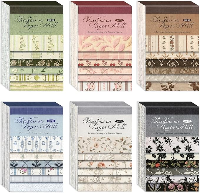 300Pcs Textured Scrapbook Paper Kit - Vintage 6 Pack Decoupage Paper Mixed Media for Scrapbooking Supplies Junk Journaling Cards Making Collage Floral Decorative Materials Craft Gifts 4.13x2.64 Inch