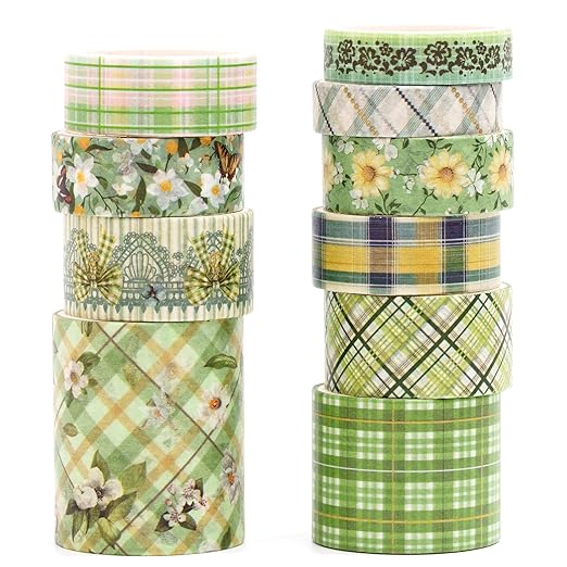 10 Rolls Vintage Floral Washi Tape Set Pastel Plaid Arts Adhesive Tapes Soft Colors Decorative Masking Tape Sets for Craft, Kids, Scrapbook, DIY, Gift Wrapping (Green Garden)