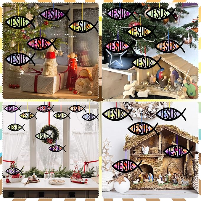 Motipuns 32 Sets Christian Fish Suncatchers Craft Kits DIY Easter Faith Fish Tissue Paper Crafts Religious Stained Glass Effect Tissue Paper Kit for Church Sunday School VBS Window Art