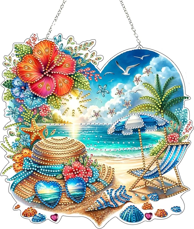 JJFox Diamond Art Hanging Kit for Adult,Special Shaped Rhinestone,Double Sided DIY Acrylic Diamond Art Painting Window Pendants Home Garden Wall Hanging Kits Hanging Ornament (Summer Beach)