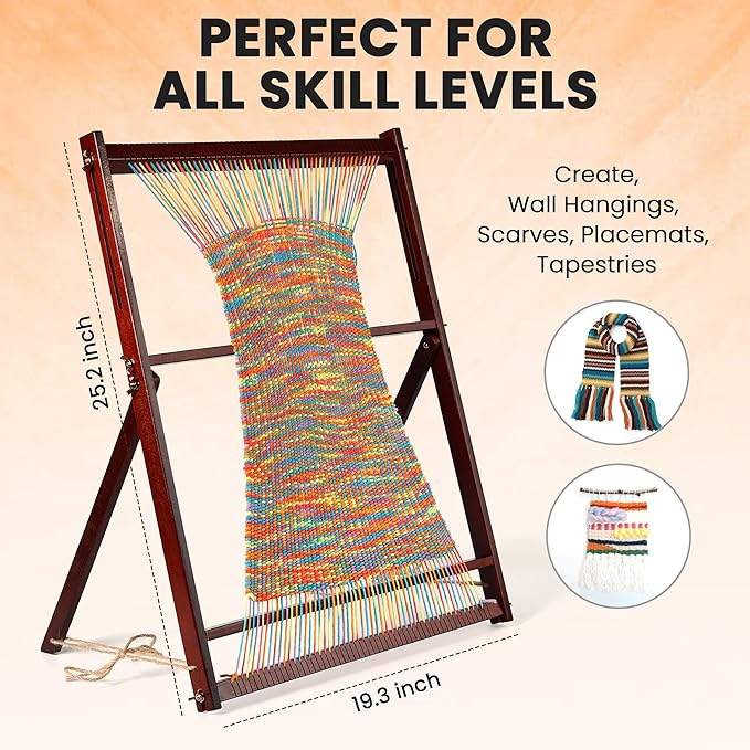 Baraboo Hardwood Weaving Loom Kit for Adults – Adjustable 25.2 x 19.3 Inch Wooden Frame Weaving Kit with Shuttle, Comb & Heddle Bar – 15 Piece Loom Set for Beginners & Professionals