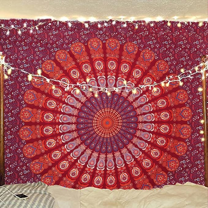 bless international handmade indian hippie bohemian psychedelic peacock mandala wall hanging college dorm beach throws table cloth bedding tapestry (blue red, queen(84x90inches)(215x230cms))