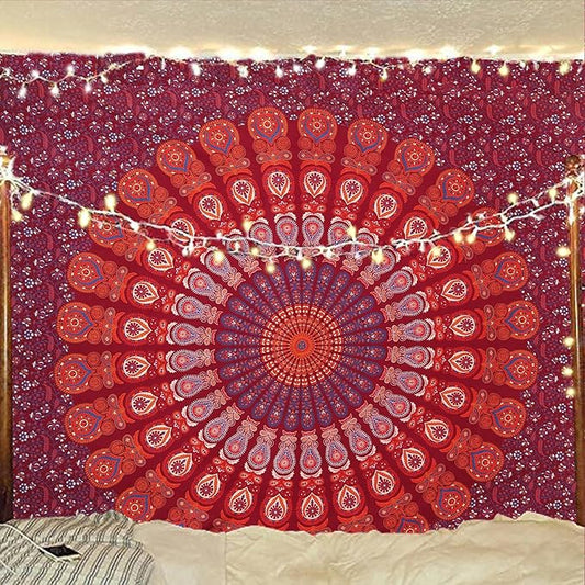 bless international handmade indian hippie bohemian psychedelic peacock mandala wall hanging college dorm beach throws table cloth bedding tapestry (blue red, queen(84x90inches)(215x230cms))