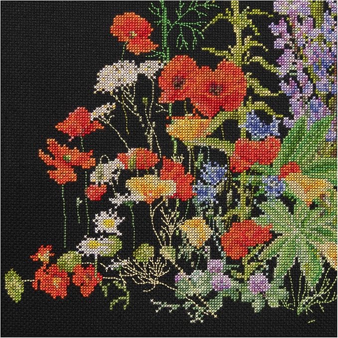 Thea Gouverneur - Counted Cross Stitch Kit - American Wild Flowers - Aida Black - 16 Count - Embroidery Kit for Adults - DMC Embroidery Threads and Other Cross Stitch Supplies Included - 554.05