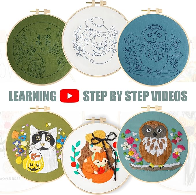 3 pack embroidery kit for beginners adults, adult starter cross stitch kit needlepoint complete diy kit with unique patterns, hoop, colorful threads, tools, step by step instructions & video tutorial