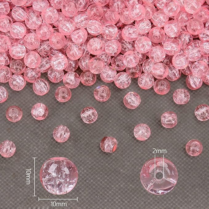 80PCs 10mm Pink Crackle Glass Beads Bulk, Round Smooth Hole Glass Crystal Beads for Jewelry Making, DIY Bracelets, Necklaces, Bag Charms, Keychains and Craft Projects