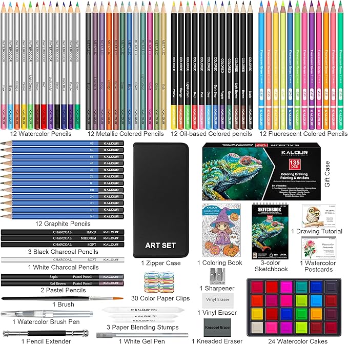 KALOUR 135 Drawing Set Sketching Kit,Art Supplies with 3-color Sketchbook & Coloring Paper,Include Tutorial, Oil Based, Neon,Graphite, Charcoal, Watercolor & Metallic Pencil,for Artist Adults Beginner
