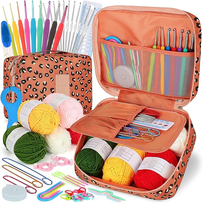 coopay crochet kit beginners crochet hook set with crochet yarn,58pcs portable crochet set ergonomic crochet hooks travel knitting crochet supplies