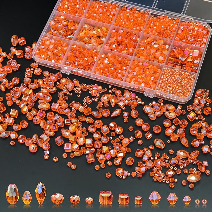 1500 Pcs Crystal Glass Beads for Jewelry Making – 12 Styles Bicone, Rondelle, Cube, Teardrop & 3mm Spacer Beads, DIY Bracelet Necklace Earring Craft Kit Random Colors(Orange)