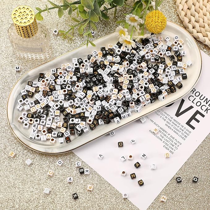 Augshy 1400Pcs 5 Colors Square Alphabet Beads A-Z Cube Acrylic Letters Beads for Bracelets Necklaces Phone Lanyard Making with 1 Roll Crystal String Cord for Jewelry Making(6mm)