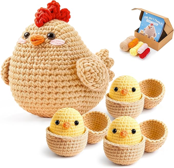 Joyclub 4 Pcs Crochet Kit for Beginners Crochet Starter Kits for Adults and Kids Great Easter Gifts for Crocheting Lovers with Step by Step Video Amigurumi Chicken Family Knitting Kit DIY Craft
