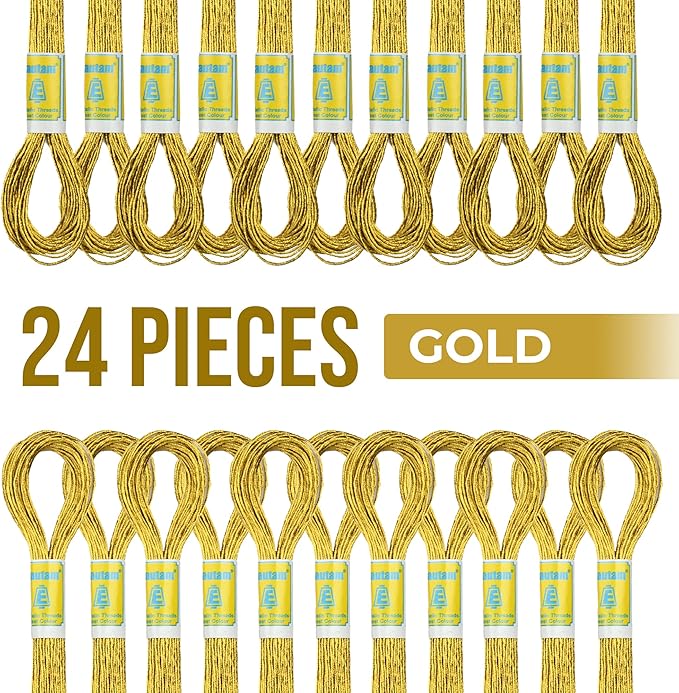 New ThreadNanny 24 Gold Skeins 100% Cotton Metallic Thread for Hand Embroidery
