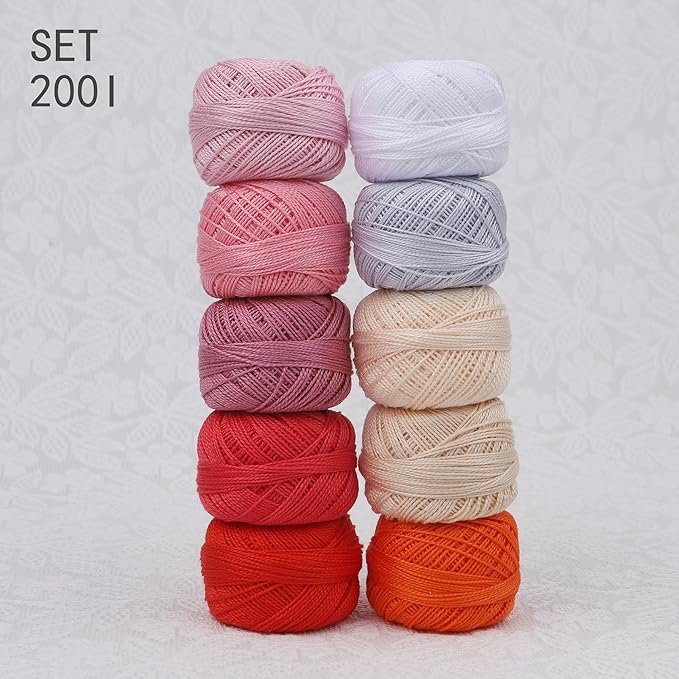 Size 8 Double Mercerized Egyptian Long Staple Cotton Pearl Thread Ball 5 Grams Rainbow Color Embroidery Thread 10 Colors per Box for Crochet Hardanger Cross Stitch Hand Embroidery (Set I)