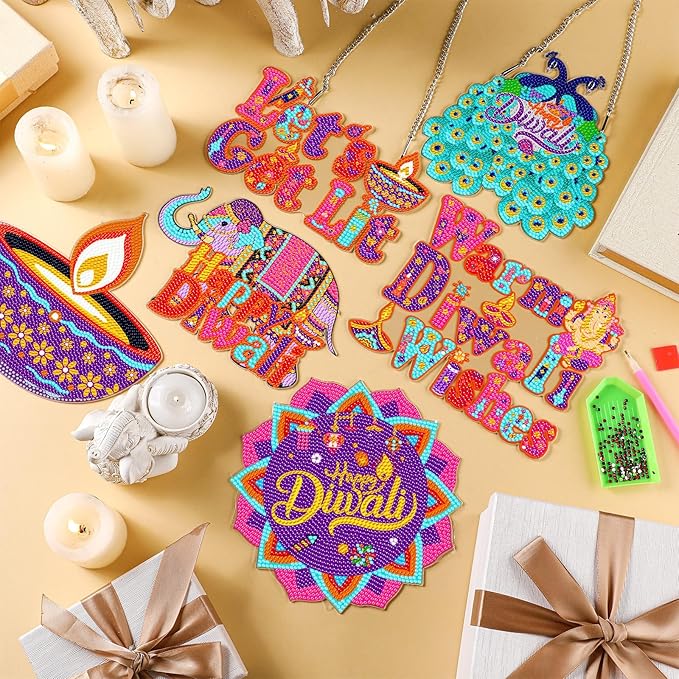 Zonon 6 Pcs Diwali Decoration Diamond Art Painting Hanging Sign Set Indian Diamond Art Adults 5d DIY Craft Acrylic Pendant Ornaments Kits Pooja Decor for Diwali Home Wall Door Window Decor