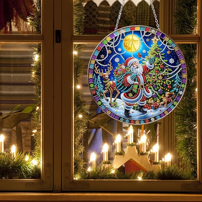 DIY Diamond Art Painting Wreath Kits，Special Shaped Rhinestone Hanging Ornament Diamond Art Window Pendants for Gift Home Garden Wall Hanging Kits,Double Sided (Santa Claus-1)