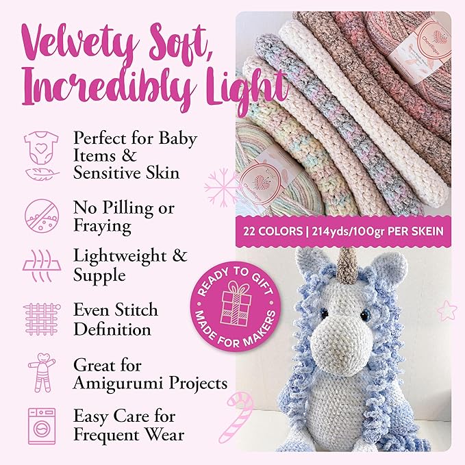 Chenillique Velvet Chenille Yarn for Crocheting, 4-Pack (856Yds / 400G), Free Patterns, Beginners Friendly - Soft Baby Yarn for Knitting Baby Blanket - #4 Medium Worsted Weight - Silver Frost