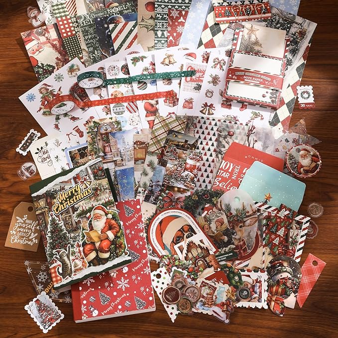 PRSTINCOL Christmas Scrapbook Kit Junk Journaling Supplies with A6 Notebook, 157 Pieces Stationery Set for DIY Gift, Teens Women - Vintage Style