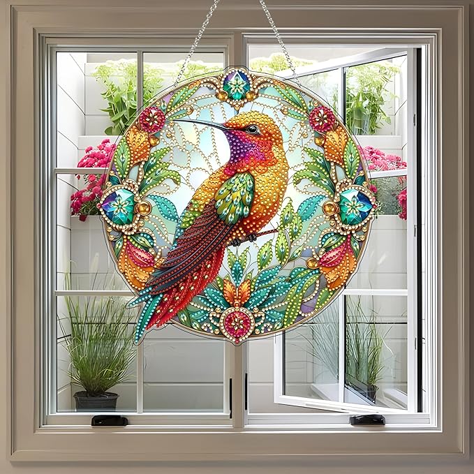 JJFox DIY Acrylic Diamond Art Painting Wreath Kits Special Shaped Rhinestone Diamond Art Window Pendants Home Garden Wall Hanging Kits Hanging Ornament (Hummingbird)