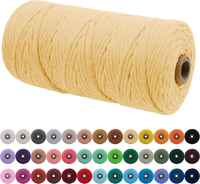 JeogYong Single Strand Macrame Cord 3mm x 109 Yards (328 Feet) Soft Cotton Rope Macrame Yarn 3 mm Macrame Cord, Macrame Supplies for Crafts Wall Hangings Plant Hangers Decorations (Light Yellow)