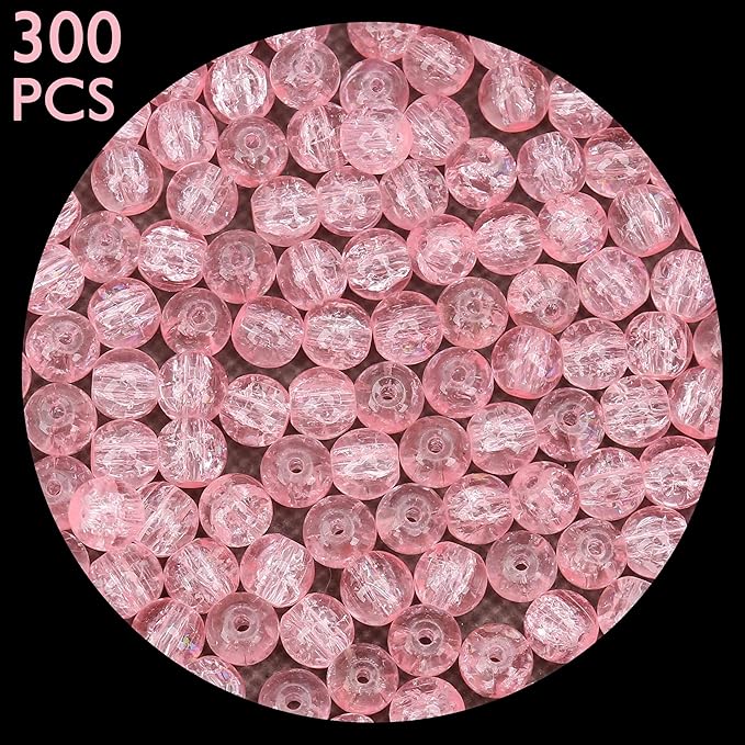 300PCs 6mm Pink Crackle Glass Beads Bulk, Round Smooth Hole Glass Crystal Beads for Jewelry Making, DIY Bracelets, Necklaces, Bag Charms, Keychains and Craft Projects