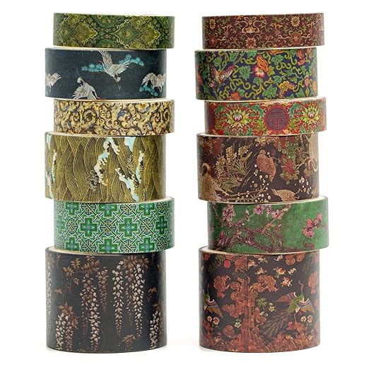 12 Rolls Chinoiserie Washi Tape Set Chinese Arts Adhesive Tapes Geometric Garden Decorative Masking Tape Sets for Craft, Kids, Scrapbook, DIY, Gift Wrapping (Almond Blossom Ridge)
