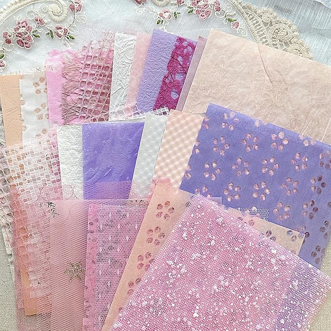 30Pcs Handmade Textured Scrapbook Paper&Mesh Fabric set - Unique A5 sheet Craft Mulberry Special Rice Paper Mix for Scrapbooking Junk Journaling Supplies Card Collage DIY Materials, 5.8x8.2 inches