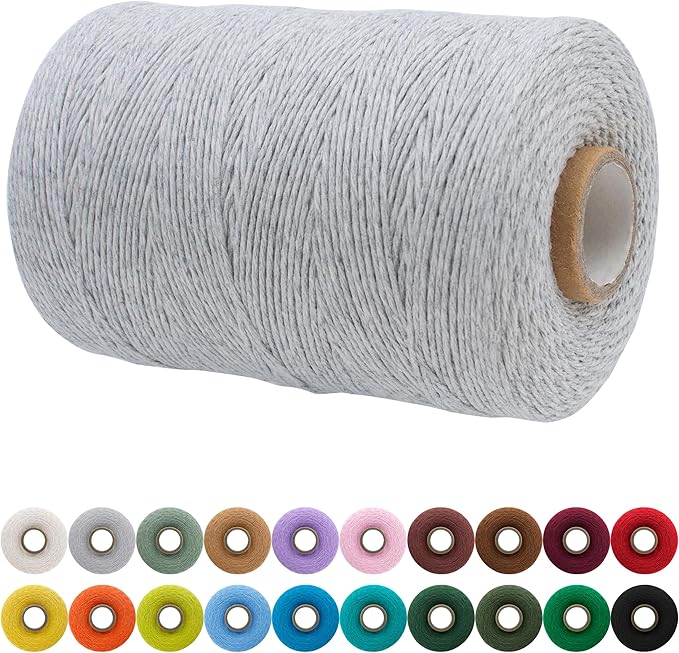 JeogYong Single Strand Macrame Cord 1mm x 426 Yards (1279 Feet) Soft Cotton Rope Yarn, Macrame Supplies for Crafts Wall Hangings Plant Hangers Decorations (Light Gray)