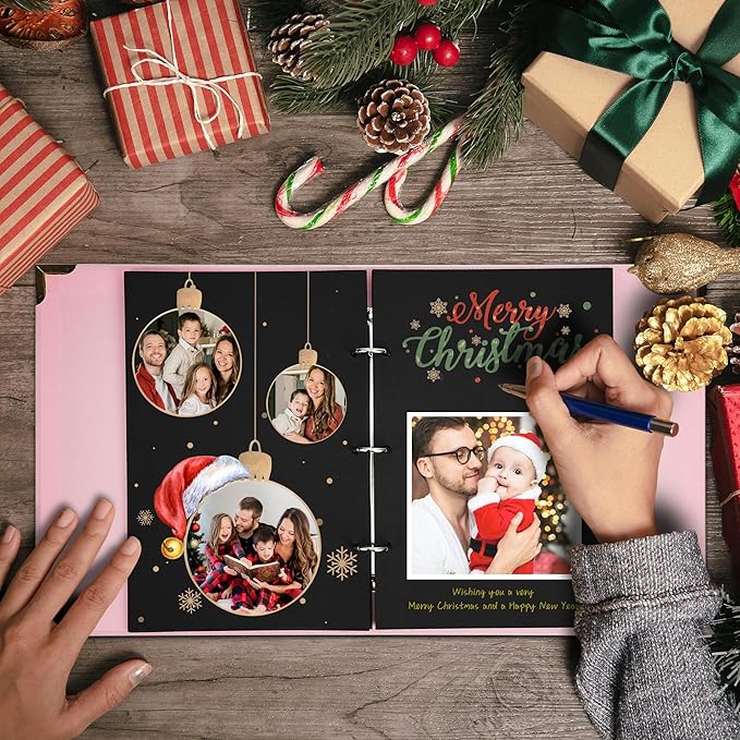 Vienrose DIY Scrapbook Photo Album Kit with Pens Tapes and Stickers 60 Pages Hardcover 8.5x11 Inches 3 Rings Removable Black Paper Scrapbooking Gift for Lover Friends Kids Wedding Valentine's Pink