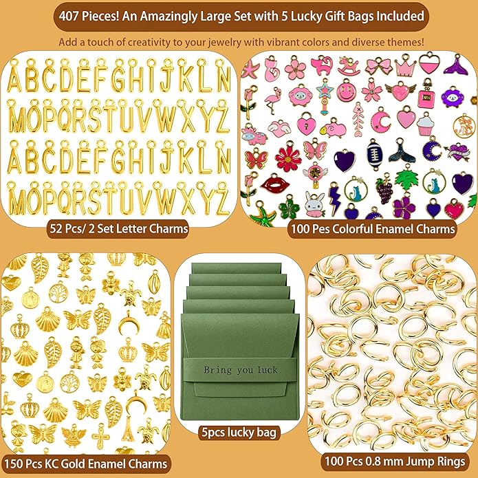 407 Pcs Jewelry Making Charms Kit with Jump Rings – Bulk Enamel, KC Gold & Letter Charms for DIY Necklace, Bracelet & Earring Craft Supplies